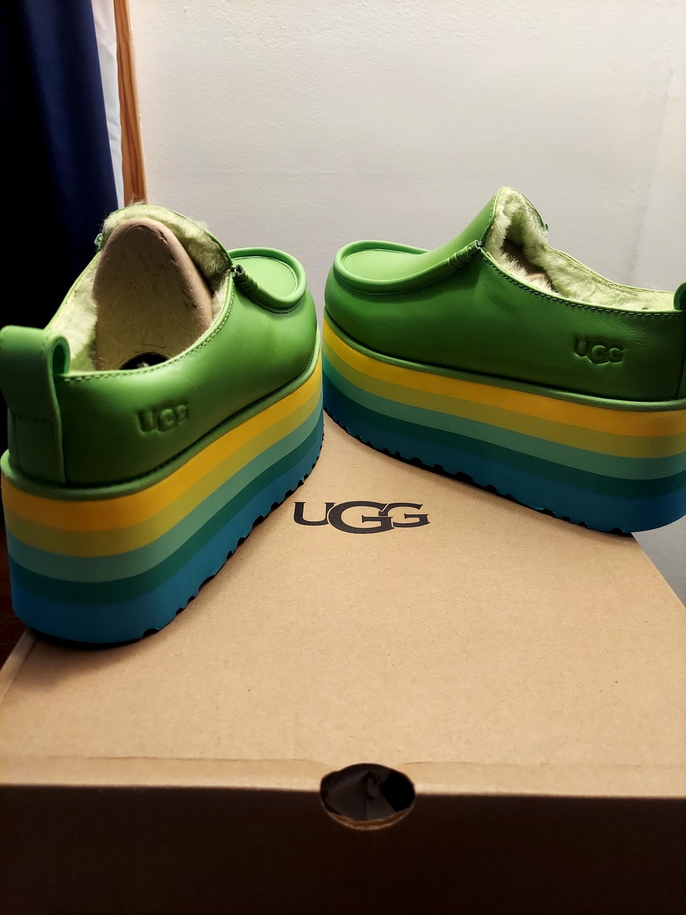 UGG Green Platform Slip-On Clogs with Rainbow Layered Sole